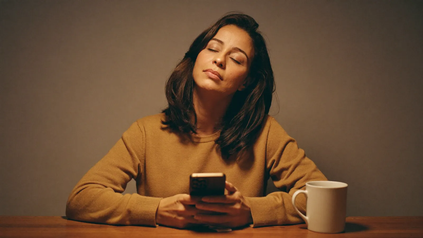 La dueña, en la mesa de su casa de noche, lee el teléfono con alivio.
